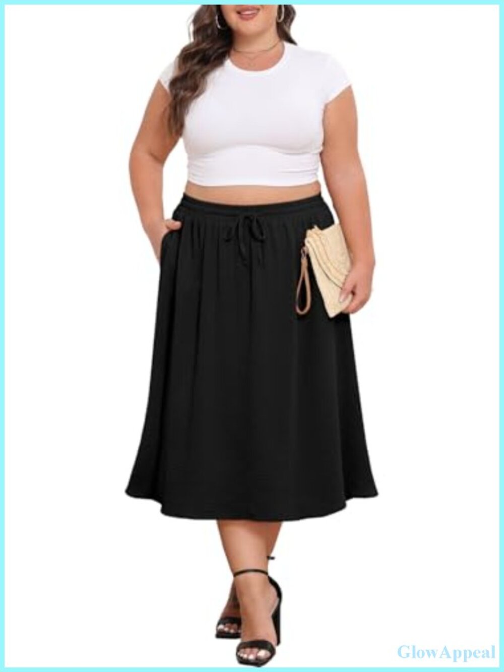 Plus Size Midi Skirt Elastic High Waisted A-Line Flowy with Pockets Boho Casual